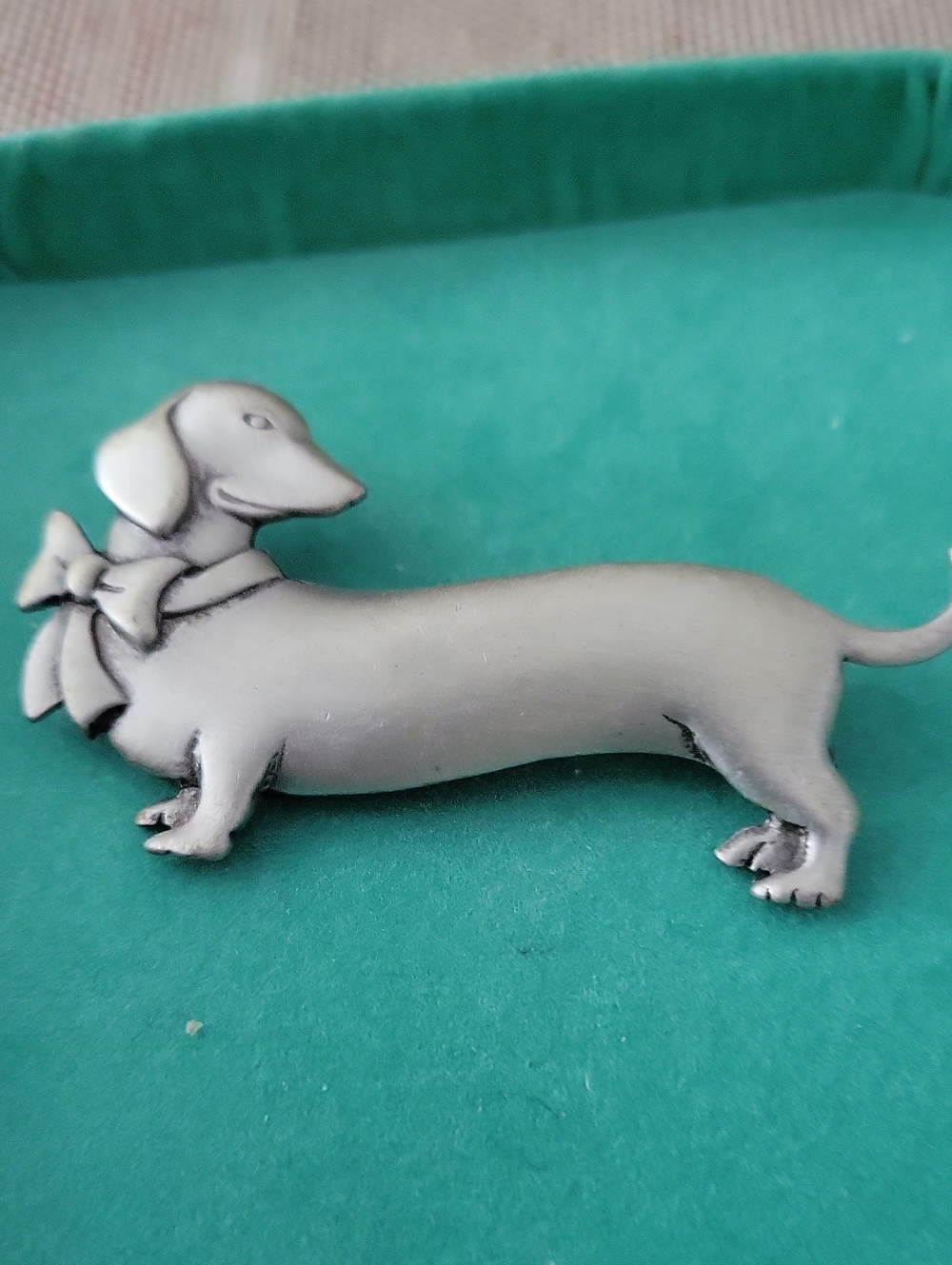 Silver Dachshund Dog Brooch Pin - Bow Accent